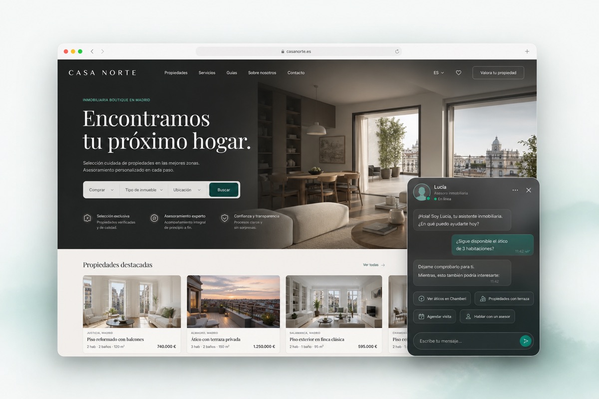 Widget de chat Sellebrate en la landing de una inmobiliaria